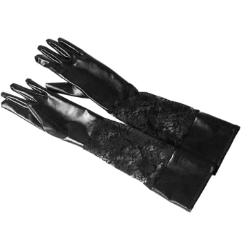 Женские перчатки из искусственной лакированной кожи черного цвета с длинными пальцами, цветочные кружевные Варежки в стиле пэчворк для свадебной оперной вечеринки длиной до локтя