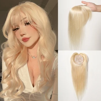Светлые прямые верхние волосы с челкой, заколки на шелковой основе, верхние части для волос для женщин от выпадения волос, верхушки из натуральных человеческих волос