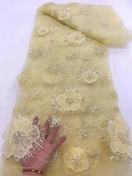 Французско-африканская 3D кружевная ткань 2024 года с высококачественной вышивкой бисером для женского свадебного платья Нигерийская кружевная сетчатая ткань 5 ярдов