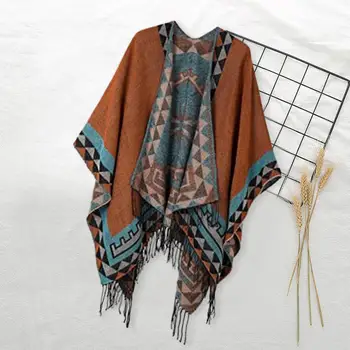 Винтажная шаль, шарф для холодной погоды, Винтажный принт с кисточками, нерегулярный подол, женская накидка-пончо, Имитация геометрического контрастного цвета.