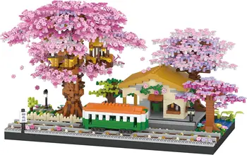 Мини-станция на дереве Сакура, Бонсай, Набор для архитектуры дерева, модель Дома на дереве, Строительные блоки, Розовые украшения для дома, детские игрушки, подарки