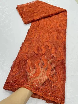Африканская кружевная ткань с блестками 2023 Оранжевого цвета, высококачественная кружевная ткань из Нигерийского Французского тюля 5 ярдов для пошива свадебного платья