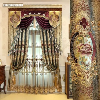 Новый Европейский стиль, Золотые выдолбленные вышитые шторы для гостиной, столовой, спальни, Жаккардовое окно, Роскошная вилла