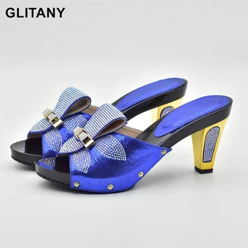 Новое поступление, обувь синего цвета, африканские свадебные туфли, высококачественные Элегантные итальянские женские туфли на высоком каблуке с камнями, женские туфли-лодочки