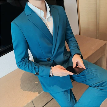 (Куртка + брюки), Мужские деловые костюмы высокого качества / Мужской дизайн пряжки, тонкое модное повседневное офисное платье / Мужские повседневные блейзеры из 2 предметов