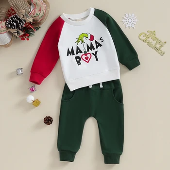 Carolilly/ рождественская одежда из 2 предметов для маленьких мальчиков, толстовки и брюки с длинными рукавами и буквенным принтом, наряды (0-3 лет)