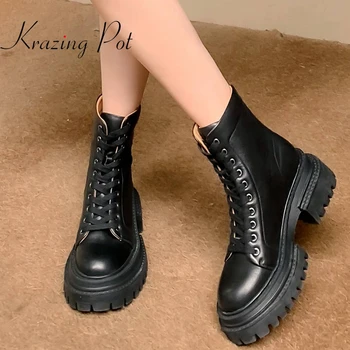 Krazing Pot/ Мотоциклетные ботинки из натуральной кожи на высоком каблуке с круглым носком, черные ботильоны на толстой подошве, классическая уличная одежда, ботильоны на шнуровке