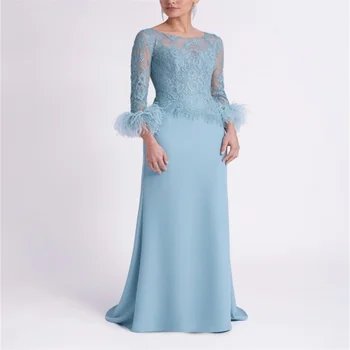 Элегантные небесно-голубые платья для матери невесты, кружевные вечерние платья на заказ, свадебное платье для гостей большого размера с пером