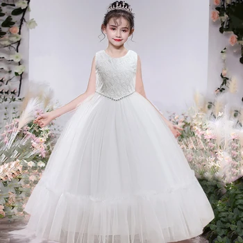 Белая свадебная вечеринка, платья принцессы с бусинами для девочек, элегантное подростковое праздничное платье для выпускного вечера, детский церемониальный костюм