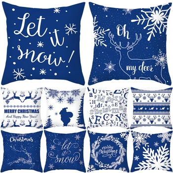 Синее рождественское украшение, наволочка для подушки Snowflower Elk С рождественскими буквами, наволочка для зимнего домашнего декора дивана