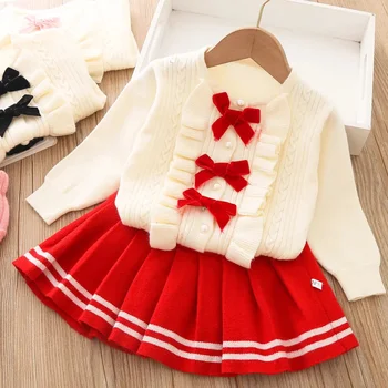 Детская Одежда для малышей 2024 г., осенний комплект для маленьких девочек, топы + юбка, костюм-пачка с бантом, детский зимний свитер для 1-6 лет