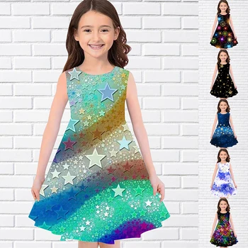 Платья с 3D-принтом для девочек, детское праздничное платье принцессы без рукавов на бретелях с 3D-принтом, красивое платье с фейерверком и звездой