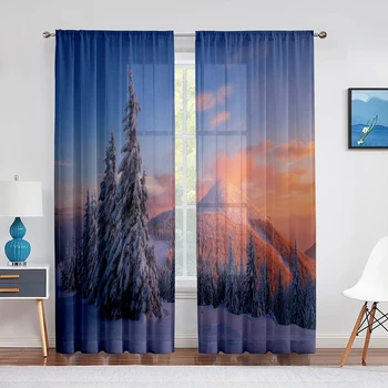 Зимний лес Горный пейзаж Заснеженное дерево Прозрачные вуалевые шторы для гостиной спальни Тюлевые шторы для обработки окон
