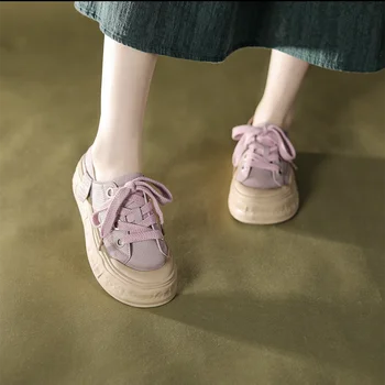 Белоснежные женские туфли на высокой платформе, парусиновая обувь на шнуровке, розовое предложение, новое поступление 2023 года в корейском стиле с бесплатной доставкой, женская обувь