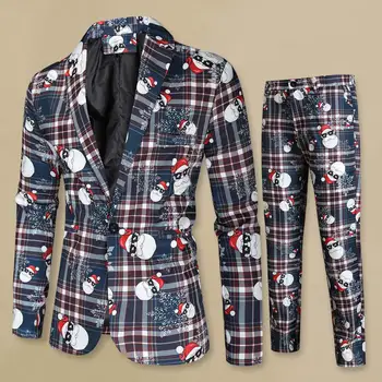 Комплект мужских пальто и брюк, мужской новогодний костюм, стильный мужской костюм для новогодней вечеринки с мультяшным принтом Санта Снежинки, клетчатый узор, цвет