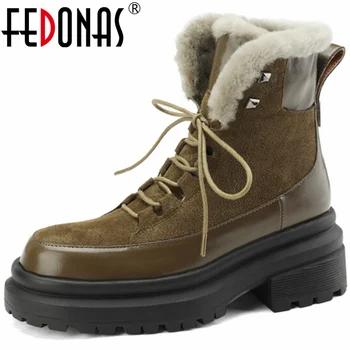 FEDONAS/ Зимние теплые зимние ботинки из толстого плюша, Женские ботильоны из коровьей замши на платформе с перекрестной шнуровкой, Повседневная уличная обувь, Женская обувь