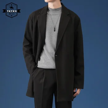 Длинная куртка, мужской повседневный блейзер, Весенне-осенний шерстяной тренч, Корейский модный костюм, Элегантные стильные куртки, брюки Za
