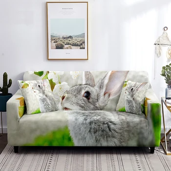 Чехол для дивана с кроликом, милый Серый Кролик с цветочным рисунком, нескользящая защита мебели для гостиной, чехол для подушки, весенний домашний декор