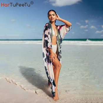 Длинный пляжный халат, женская накидка для бикини, Пляж 2023, летнее платье с рукавом 3/4, плюс Свободная основа, Кардиган с цветным принтом, купальники