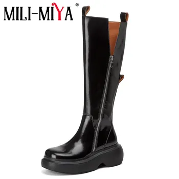 MILI-MIYA/ модные женские сапоги до колена из коровьей кожи с накидкой, круглый носок, толстый каблук, однотонная повседневная уличная обувь для дам