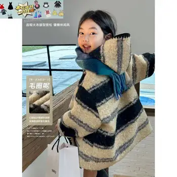 Корейская версия полосатого шерстяного пальто для девочек, зимняя одежда, новая модная теплая куртка с капюшоном для детей среднего и большого размера