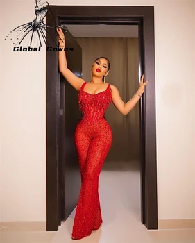 Сексуальное красное вечернее платье в виде сердечка 2023 года для чернокожих девушек, расшитое бисером и кисточками Платье для вечеринки по случаю дня рождения, Длинные брюки для выпускного вечера, Vestido Elegante