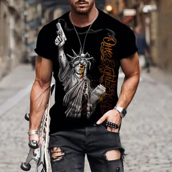 Уличный тренд, американская богиня свободы, классическая повседневная черная мужская футболка с короткими рукавами, свободная одежда разных размеров из полиэстера
