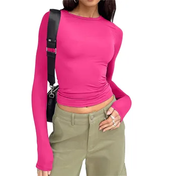 Женская укороченная футболка с длинным рукавом и круглым вырезом, базовая однотонная укороченная рубашка в обтяжку, приталенного кроя, тренировка Йогой