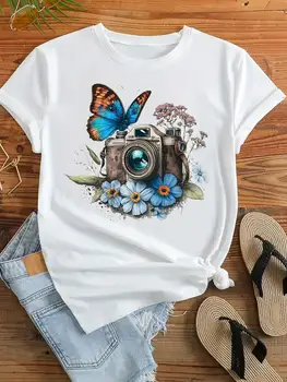 Камера, бабочка, цветок, трендовый принт, модная одежда, Футболка с коротким рукавом, Женская графическая женская футболка, одежда для футболок