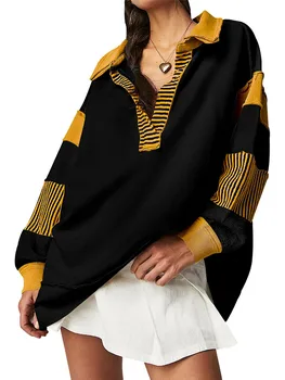 Женская толстовка оверсайз с отворотом и воротником, Рубашка в полоску с длинным рукавом и V-образным вырезом, мешковатый пуловер в стиле пэчворк в цветном блоке.