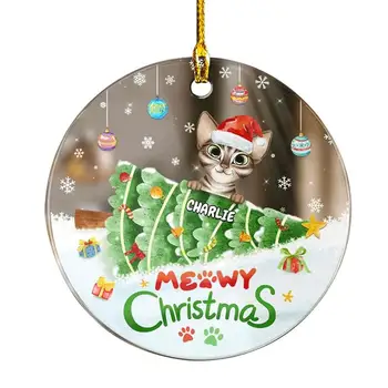 Рождественские Плоские Кошачьи украшения, Мультяшный 2D Кот, Подвеска на дереве, Украшение для домашнего декора, Подвеска с изображениями животных для поручня
