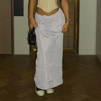 Летняя тканая юбка с карманом на шнурке, длинная юбка с низкой талией, однотонное платье миди со шнуровкой на талии