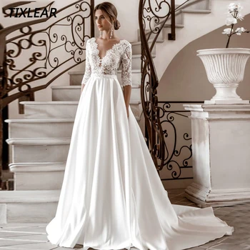 Классическое свадебное платье TIXLEAR с V-образным вырезом и короткими рукавами, кружевные аппликации, Атласное свадебное платье без спинки, длина до пола, vestidos de novia, Новинка