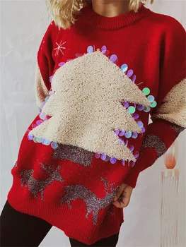 Женские Рождественские свитера hirigin с блестками, Пуловеры с рисунком рождественской елки, пуловеры с рисунком Рождественской елки, праздничный трикотаж, Пуловеры