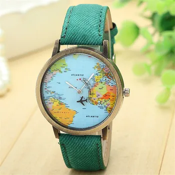 Крутые кварцевые часы Mini World Fashion Для мужчин Унисекс Карта Путешествия на самолете по всему миру Женские Кожаные наручные часы D30
