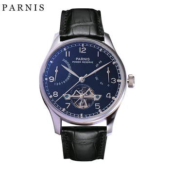 Parnis 43 мм Черный циферблат Мужские часы Скелет Стеклянный календарь 50 м Водонепроницаемые механические наручные часы для мужчин 2023 года Топ Люксовый бренд