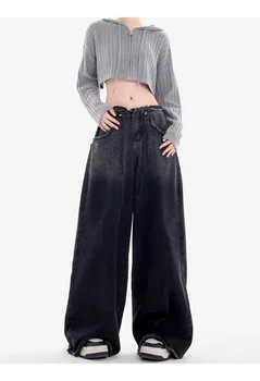 Женские Выстиранные Винтажные Мешковатые джинсы с эластичной резинкой на талии, негабаритные американские брюки, джинсовая ткань с широкими штанинами, уличная одежда, Прямые базовые брюки Y2k