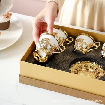 Низкая чашка в европейском стиле с золотым ободком, набор из шести чашек, набор из шести позолоченных кофейных чашек, подарочная коробка