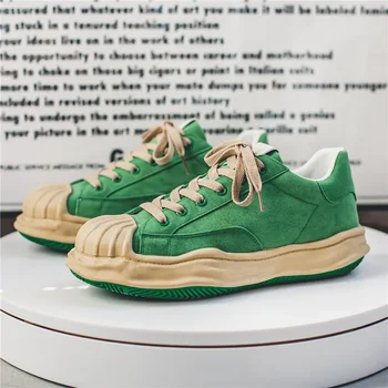 Harajuku Зеленые Повседневные кроссовки Мужские Весенние Вулканизированные туфли в виде ракушек Мужские уличные парусиновые кроссовки в стиле хип-хоп Мужская обувь на платформе