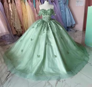Мятно-зеленые пышные платья принцессы, Бальное платье с открытыми плечами, Тюлевые аппликации, 16 милых платьев, 15 вариантов на заказ