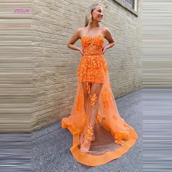Оранжевое платье-футляр с корсетом, длинное платье для выпускного вечера с аппликацией, Очаровательные вечерние платья в виде сердца, 2024, платье из тюля в пол, трапециевидной формы