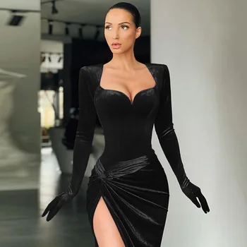 Черные бархатные сексуальные платья с разрезом, перчатки, модное платье для клубной вечеринки, платье миди для одежды, осенние платья с V-образным вырезом для женщин