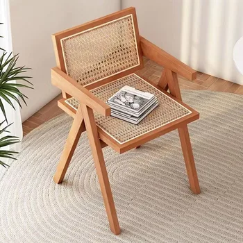 Обеденный стул из массива скандинавского дерева, настоящий / Имитация ротанга, Средневековый стул, Дизайнерский Ретро-Подлокотник, Стул для отдыха, Обеденный стол, стул