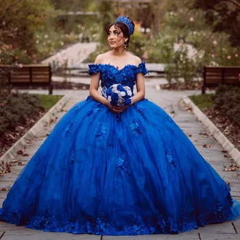 Королевское Синее Бальное Платье Quinceanera Dress Jiayigong С 3D Цветами, Аппликацией Из Бисера, Сладкие Платья Принцессы на День Рождения 15 Лет