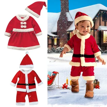 Для маленьких мальчиков и девочек, Рождественский костюм Санта-Клауса, детские косплейные красные платья, детская нарядная одежда со шляпой, карнавальная праздничная одежда
