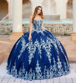 Синие Платья Charro Quinceanera, Бальное платье, Тюлевые аппликации, расшитые бисером, Пышные Мексиканские сладости, 16 платьев, 15 Anos