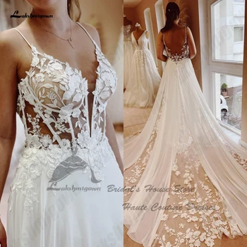 Lakshmigown, сексуальное шифоновое богемное свадебное платье 2023, корсет, кружевные аппликации, пляжные свадебные платья с V-образным вырезом и бретельками-спагетти