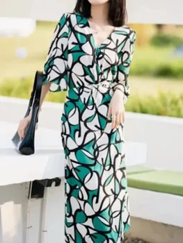 Элегантное женское платье миди с V-образным вырезом, нерегулярный зеленый принт, Длинные платья с V-образным вырезом и коротким рукавом, женские платья 2023 Весна