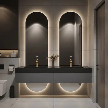 Индивидуальный дизайнерский шкаф для ванной комнаты на вилле высокого класса, комбинированный с сеткой, красный свет, роскошная каменная панель, встроенный умывальник,