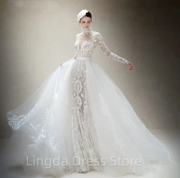 Элегантная аппликация в виде русалки с высоким воротом, длинный рукав, съемное тюлевое платье на бретелях, свадебное платье для новобрачных Vestidos de novia